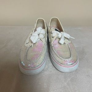 Sperry Pink and White Sequins Slip On Shoes, Size 6.5.